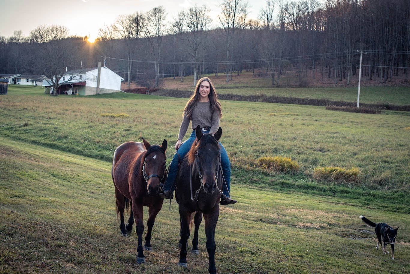Girl riding horses in field