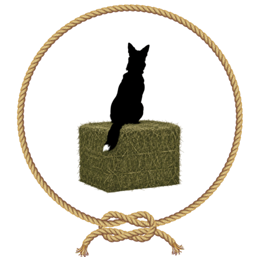 A logo depicting a black dog sitting on a hay bale, facing away from the viewer, with a circle of rope square knotted at the bottom as a border.